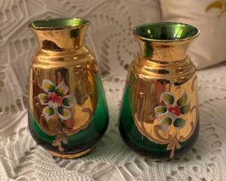 Pair of Vintage Bohemian Emerald Green Glass Vases with Gilt and Enamel Overlay