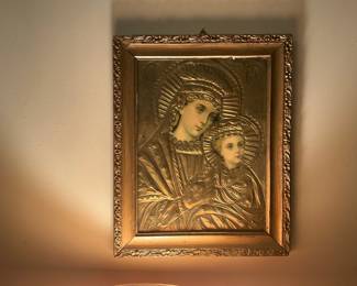 Antique Repoussé Icon of the Virgin Mary and Child, possibly Sterling Silver