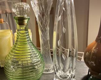 Assorted Vintage Glassware Set with Depression Glass Serving Dish, Etched Vase, and Ribbed Decanter