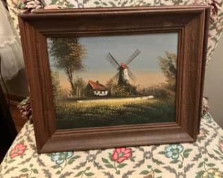 Vintage Dutch Windmill Landscape Oil Painting