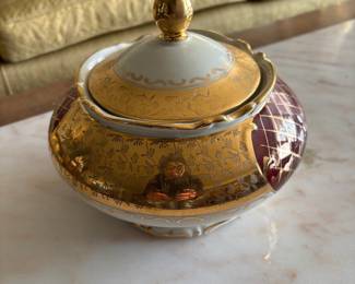 Antique Porcelain Burgundy & Gold Footed Bowl with Lid