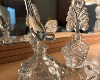 Vintage L.E. Smith Glass Perfume Bottles with Bird and Fan Stoppers