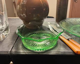 Assorted Vintage Glassware Set with Depression Glass Serving Dish, Etched Vase, and Ribbed Decanter
