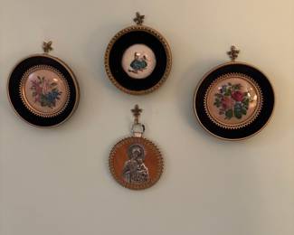 Set of Four Vintage Decorative Wall Hangings - Needlepoint and Religious Medallion