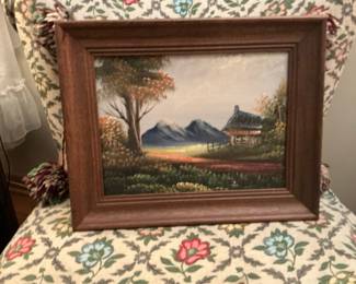 Landscape Painting with Cabin and Mountains