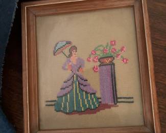 Vintage Framed Needlepoint of a Victorian Lady with Parasol