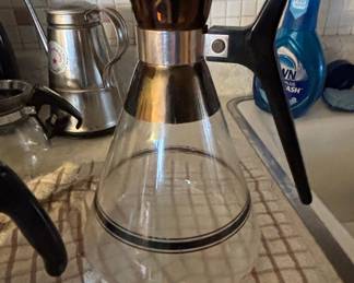 Vintage Inland Glass Coffee Carafe with Black Handle and Amber Lid