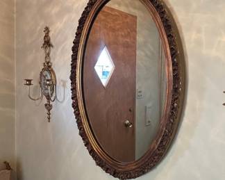 Ornate Gilt Oval Mirror with Matching Wall Sconce