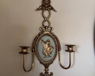 Ornate Gilt Metal Wall Sconce with Figural Medallion and Floral Motifs