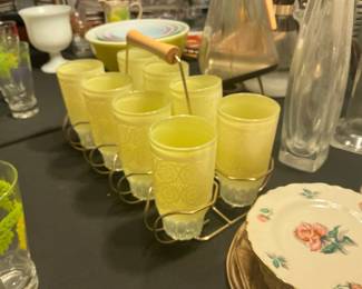 Hazel Atlas "Florentine" Poppy Yellow Tumbler Set with Caddy