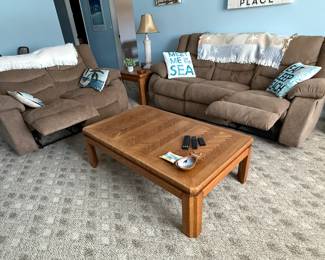 Double recline sofa and loveseat; coffee table and end table set