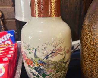 Vintage Japan Hand Painted Satsuma Porcelain Vase  1979 Peacocks 10.25” height