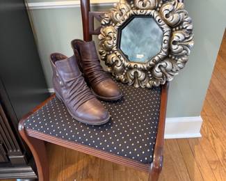 Wooden Chair, Shoes, Decorative Mirror