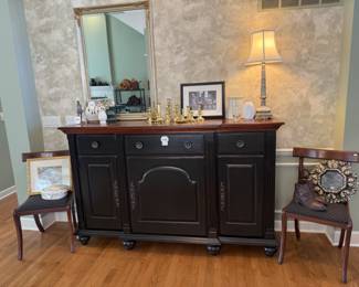 (WL) Nichols & Stone Ebony Credenza, Noritake Shenadoah Covered Bowl, Framed Art, Wooden Chair, John Herbon Grapevine Canister, Degas Dancer Statuette 