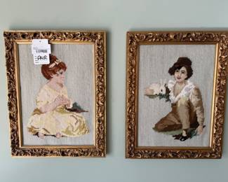 Framed Needlepoint Portrait Pair