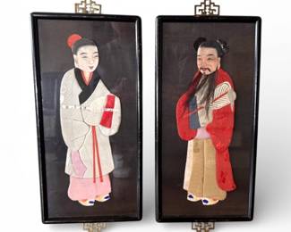 7 VintageAsianStyleSilkFiguralPanelsMaleFemaleFigures