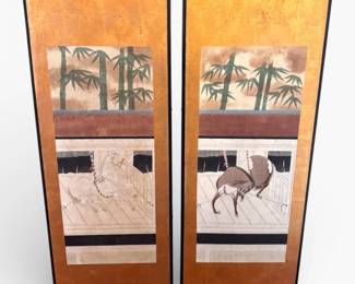 69 LargePairofPaintedAsianStylePanelsHorsesBambooMotif