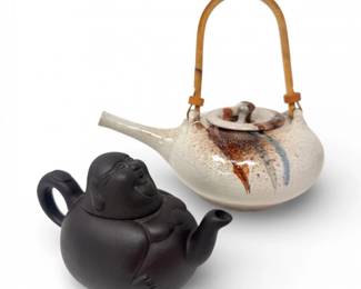 24 TwoAsianStyleTeapotsBuddhaFormStudioPotteryBambooHandle