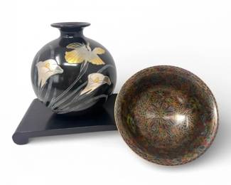29 DecorativeCloisonnEnamelBowlwBlackFloralDisplayVase