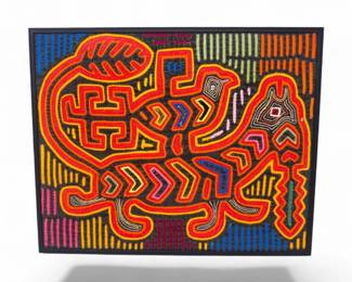 40 FramedHandStitchedTextileArtPanelwAbstractAnimalMotif