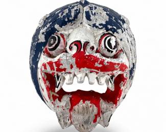 96 OldCarvedWoodMaskRedWhiteBluePainted