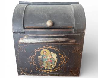 38 AntiquePaintedTeaBoxCoffeeBinwFiguralScene