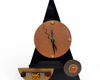 49 CarusSignedBlackArtGlassTriangleTabletopClock