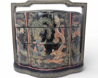 71 LargeVintageTieredWeddingBasketPaintedWoodDragonPhoenix