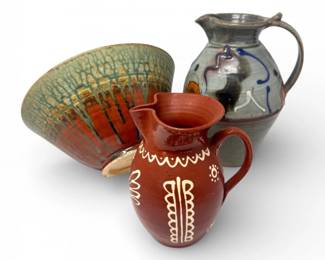 41 HandcraftedStudioPotteryBowlwTwoGlazedStonewarePitchers