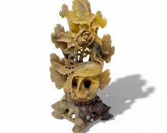 13 CarvedStoneFloralBirdSculptureonRockBase