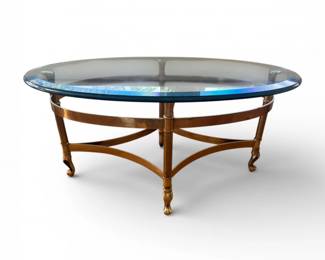 66 OvalGlassCoffeeTablewBrassToneMetalBase