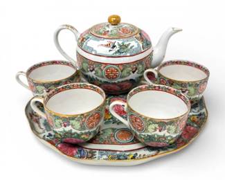 8 VintageChineseExportPorcelainTeaSetTeapotCupsMatchingTray