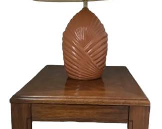 Wooden Square End Table With Art Deco Style Lamp