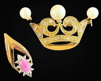 Gold Crown Brooch Pink Stone Pendant w Diamond Accent