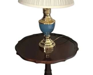 Wooden Pie Crust Side Table W Blue Gold Lamp