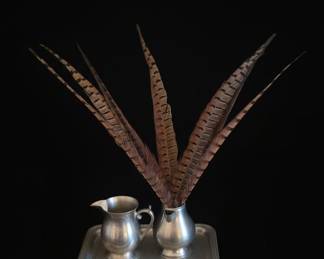 Pewter Creamer and Sugar Bowl Set with Pheasant Feathers