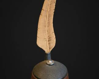 Carved Wooden Feather Desk Pen Holder with Metal Base