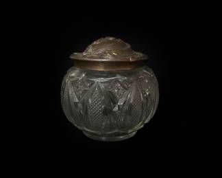 Antique Cut Glass Vanity Jar with Embossed Metal Lid