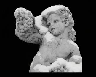 Framed Photograph of a Cherub Statue in Snow
