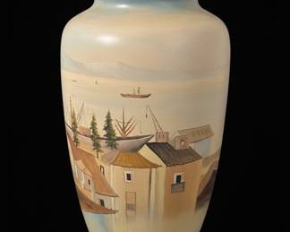 Vintage Hand-Painted Ceramic Vase with Coastal Scene