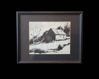 Framed Ink Wash Painting of a Barn