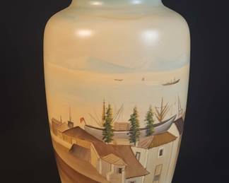 Vintage Hand-Painted Ceramic Vase with Coastal Scene