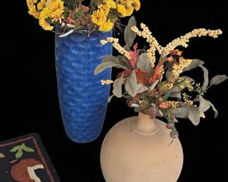 Terracotta Amphora Vase and Blue Textured Ceramic Vase with Faux Fall Florals