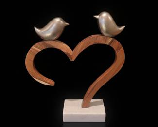 Wooden Heart with Two Silver Birds Sculpture
