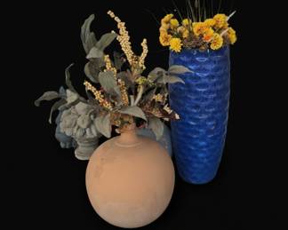Large Cobalt Blue Textured Ceramic Vase with Faux Floral Arrangement and Terracotta Pot