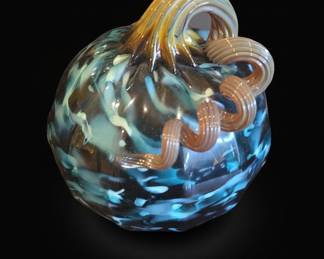 Hand Blown Glass Pumpkin in Blue Swirls with Amber Stem