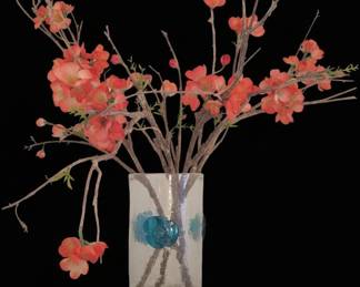 Artificial Coral-Pink Cherry Blossom Branches in Crackle Glass Vase