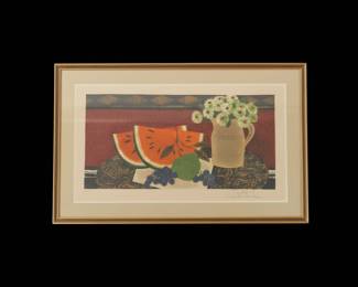 Still Life with Watermelon, Grapes, Apple, and Flowers Print by Yves Ganne