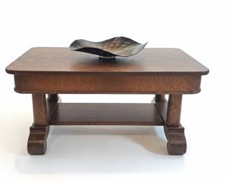 Antique Tiger Oak Library Table with Lower Shelf