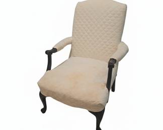 Queen Anne Style Armchair with Cream Quilted Upholstery and Dark Wood Legs